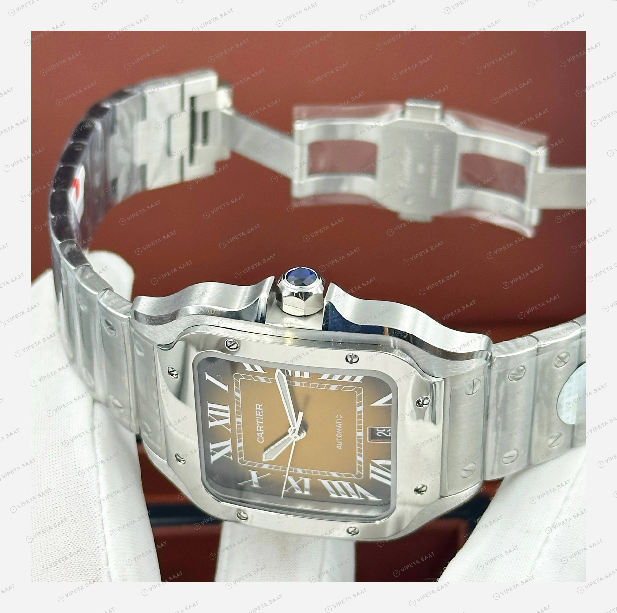 Cartier Santos Beyaz Altın Çift Renk Orta Super Clone ETA Eta Saat detay 4