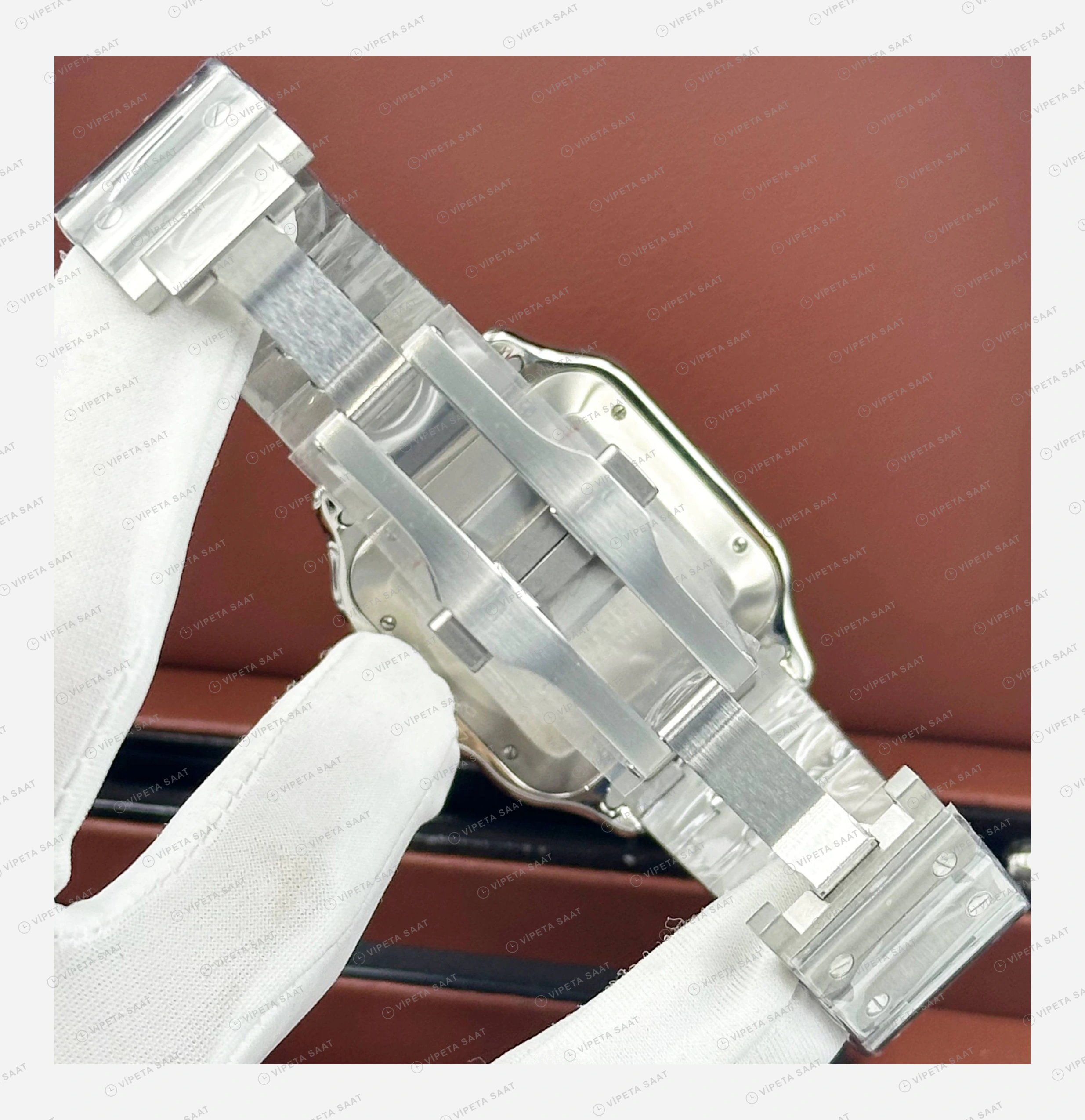 Cartier Santos Beyaz Altın Çift Renk Orta Super Clone ETA Eta Saat detay 6