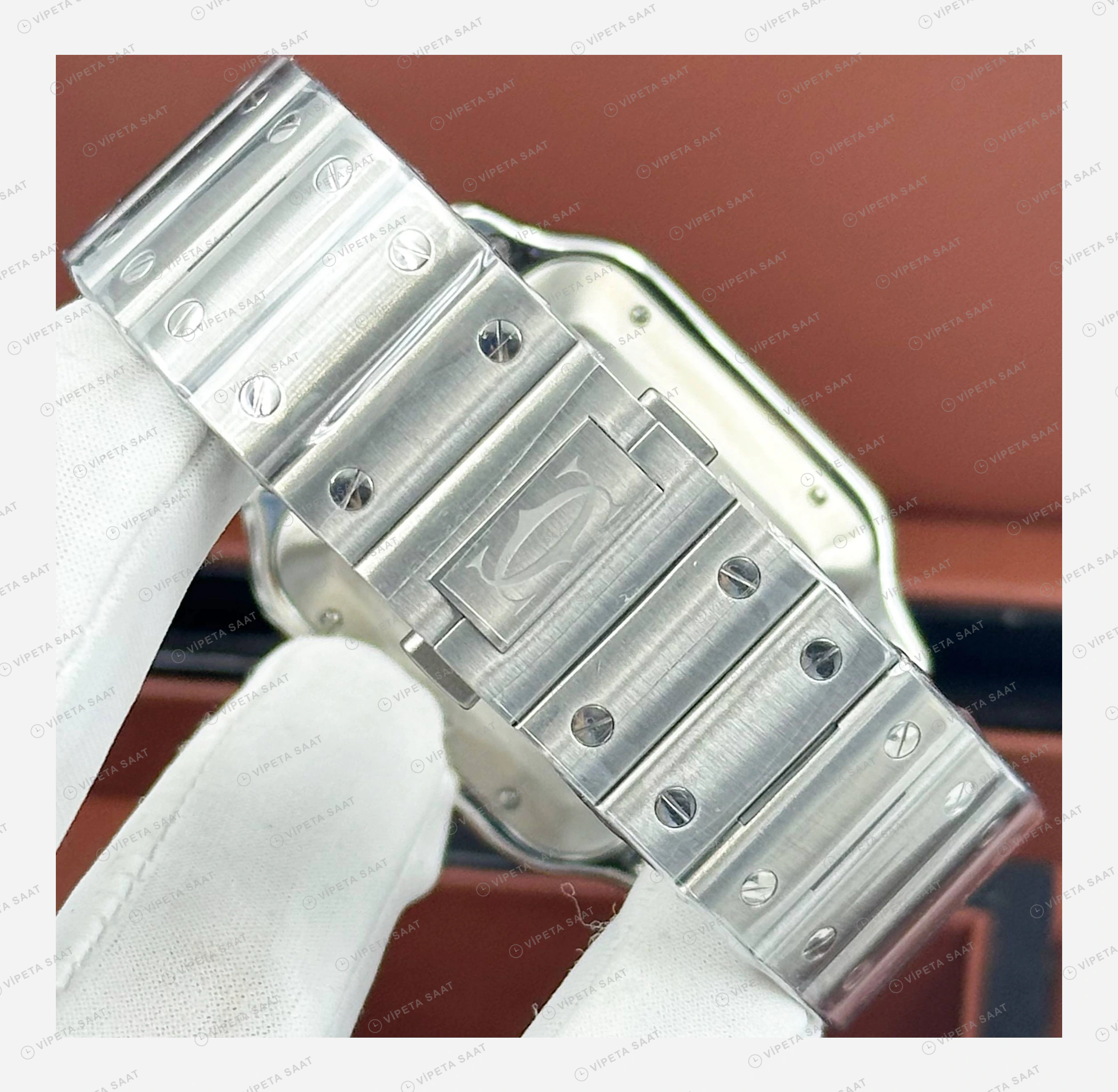 Cartier Santos Beyaz Altın Çift Renk Orta Super Clone ETA Eta Saat detay 7
