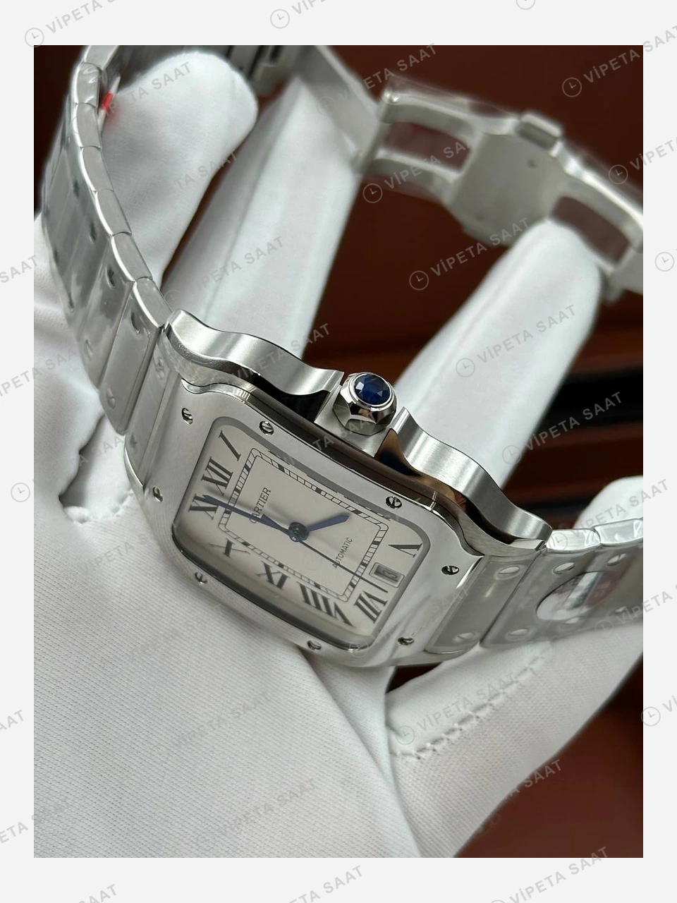 Cartier Santos Beyaz Kadran Çelik Bileklik Super Clone ETA Eta Saat detay 3