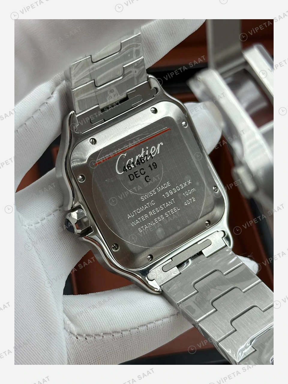Cartier Santos Beyaz Kadran Çelik Bileklik Super Clone ETA Eta Saat detay 4
