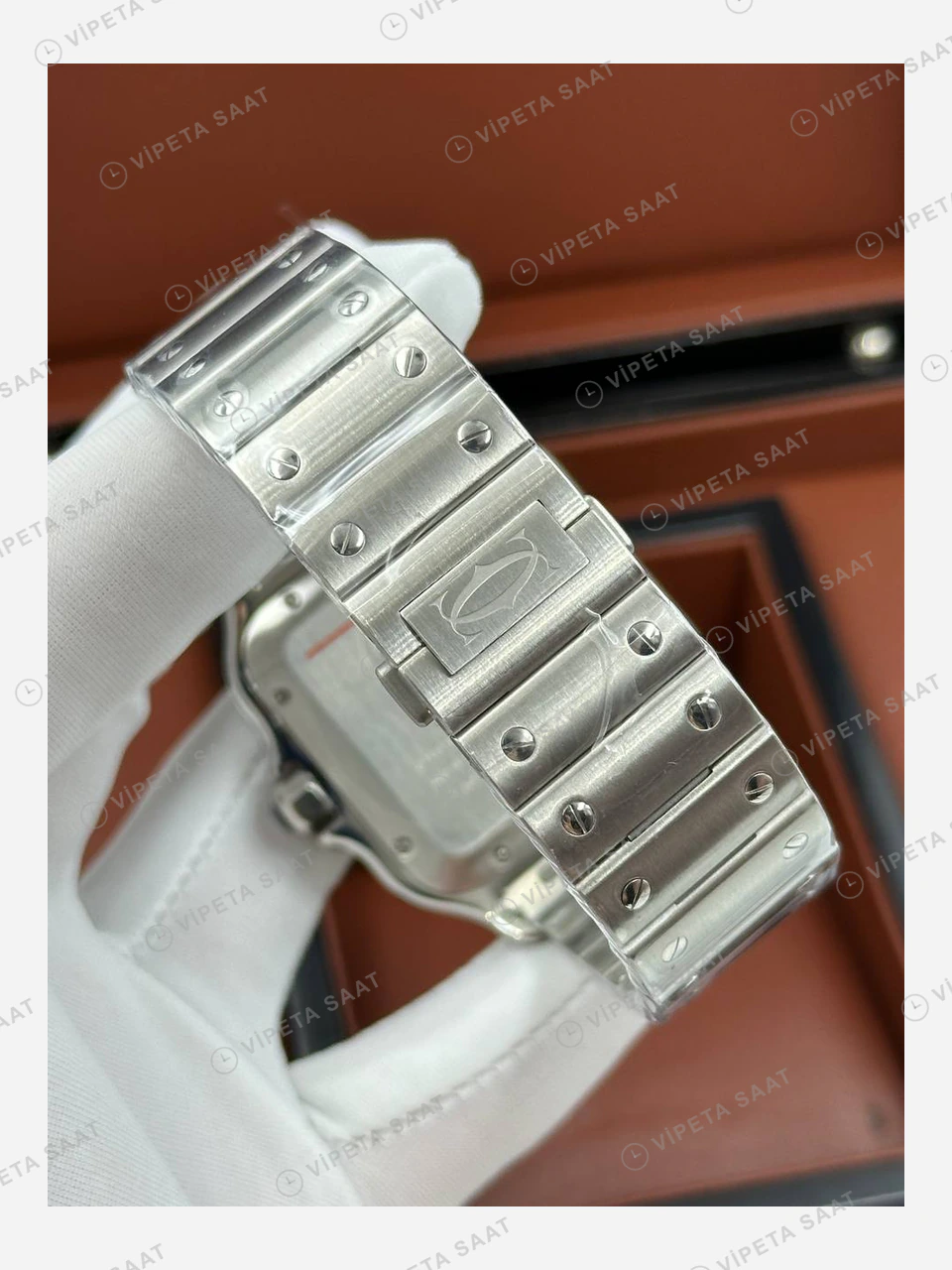 Cartier Santos Beyaz Kadran Çelik Bileklik Super Clone ETA Eta Saat detay 5