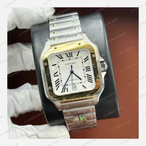Cartier Santos Beyaz Kadran Çift Renk Altın Super Clone ETA Eta Saat detay 6