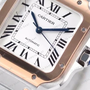 Cartier Santos Celik Rose Kasa Beyaz Kadran Celik Kordon Super Clone Eta Eta Saat yan görünüm
