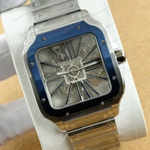 Cartier Santos De Cartier Skeleton 39.8 mm WHSA0026 Mavi Bezel İskelet Kadran Super Clone ETA Saat karşıdan görünüm