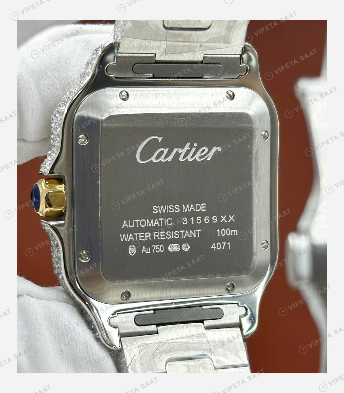 Cartier Santos Elmas Taşlı Beyaz Saf Super Clone ETA Eta Saat detay 4