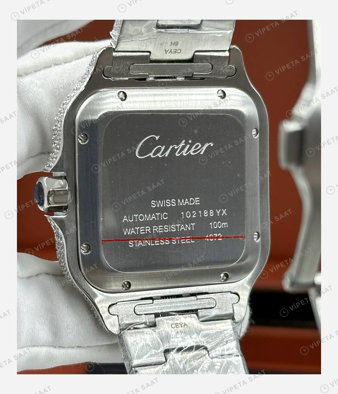 Cartier Santos Elmas Taşlı Full Çelik Super Clone ETA Eta Saat detay 3