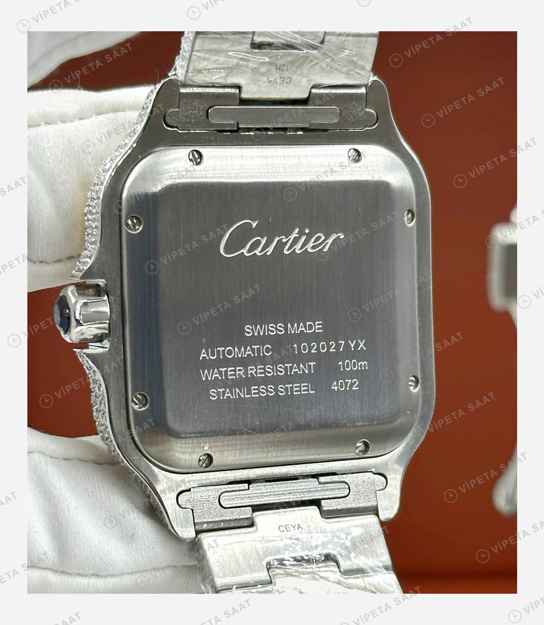 Cartier Santos Elmas Taşlı Full Çift Renk Super Clone ETA Eta Saat detay 3