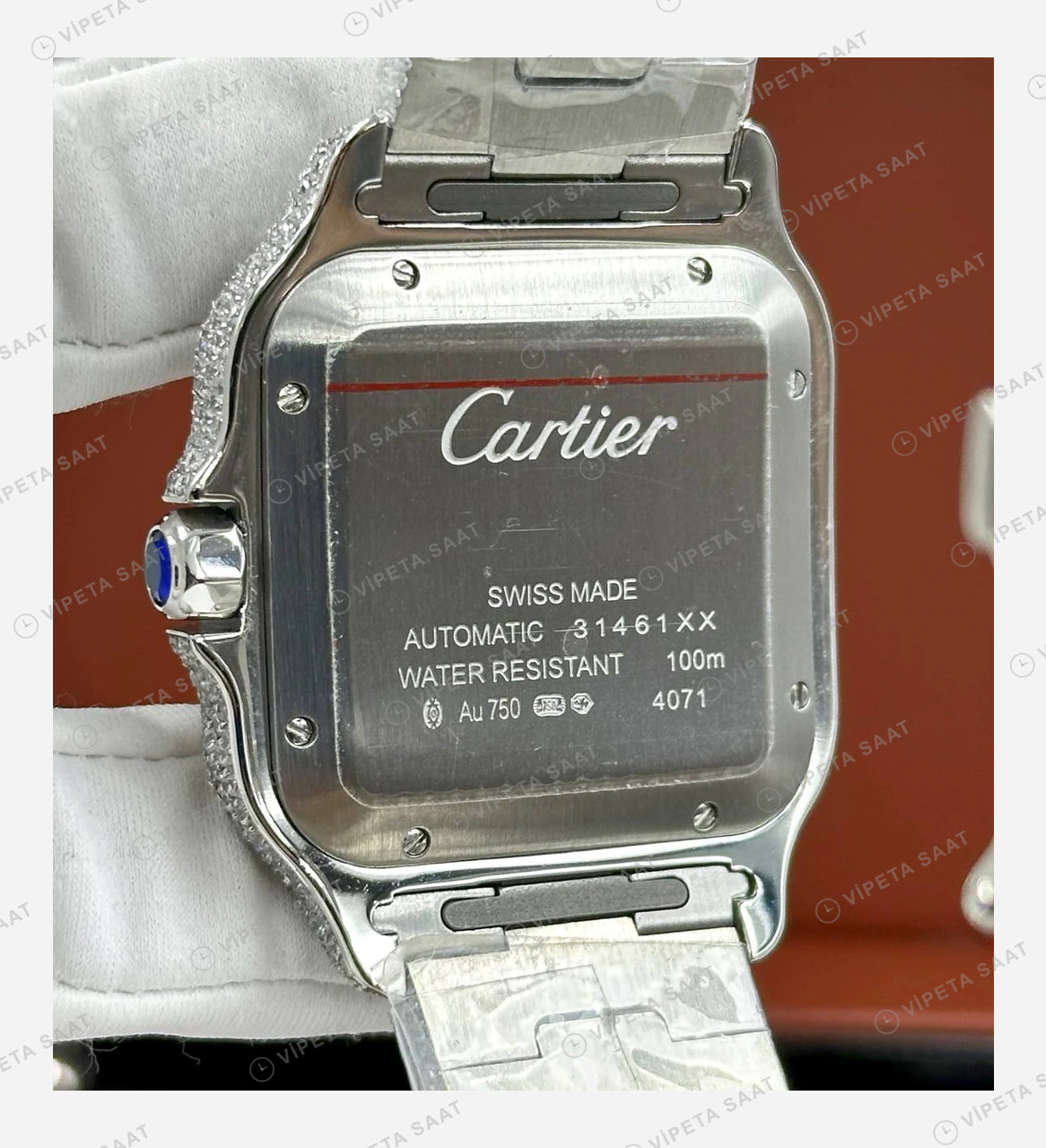 Cartier Santos Elmas Taşlı Mavi Kadran Super Clone ETA Eta Saat detay 3