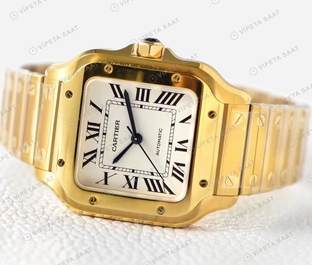 Cartier Santos Sari Altin Kasa Beyaz Kadran Celik Kordon Super Clone Eta Eta Saat detay 4