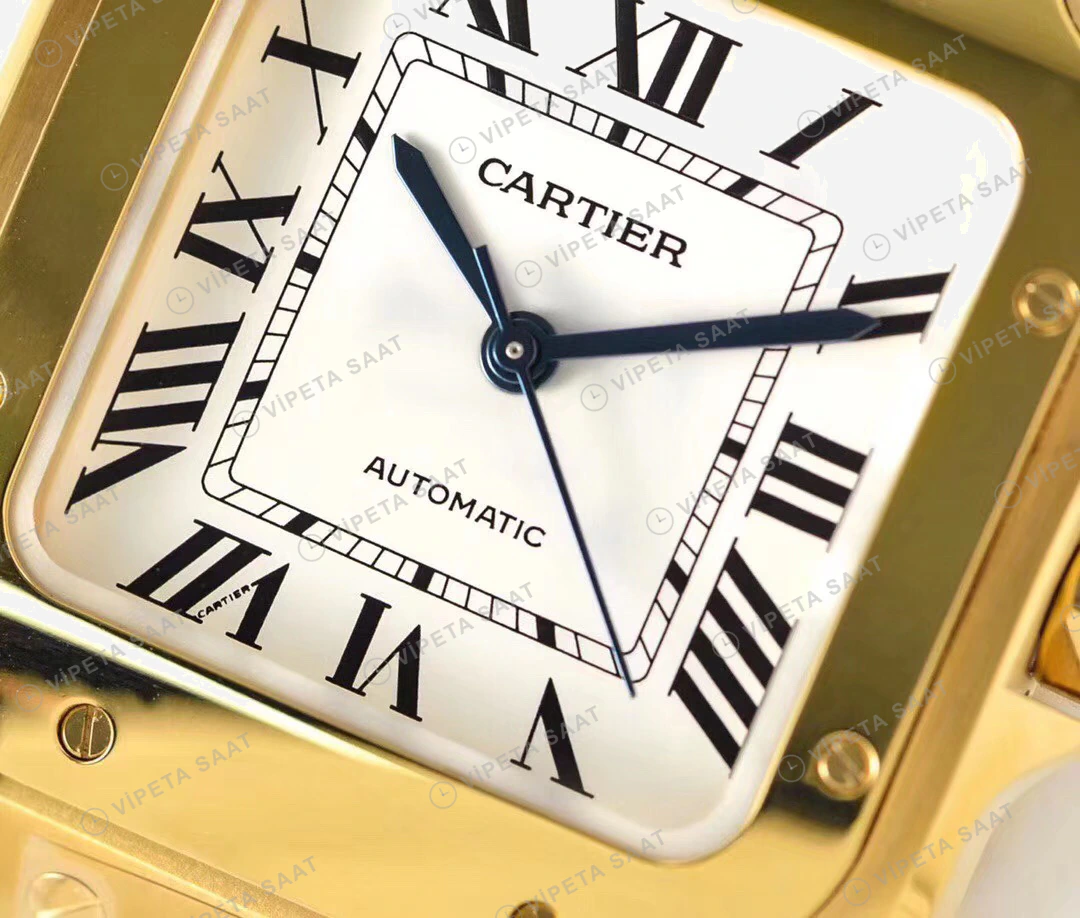 Cartier Santos Sari Altin Kasa Beyaz Kadran Celik Kordon Super Clone Eta Eta Saat detay 5