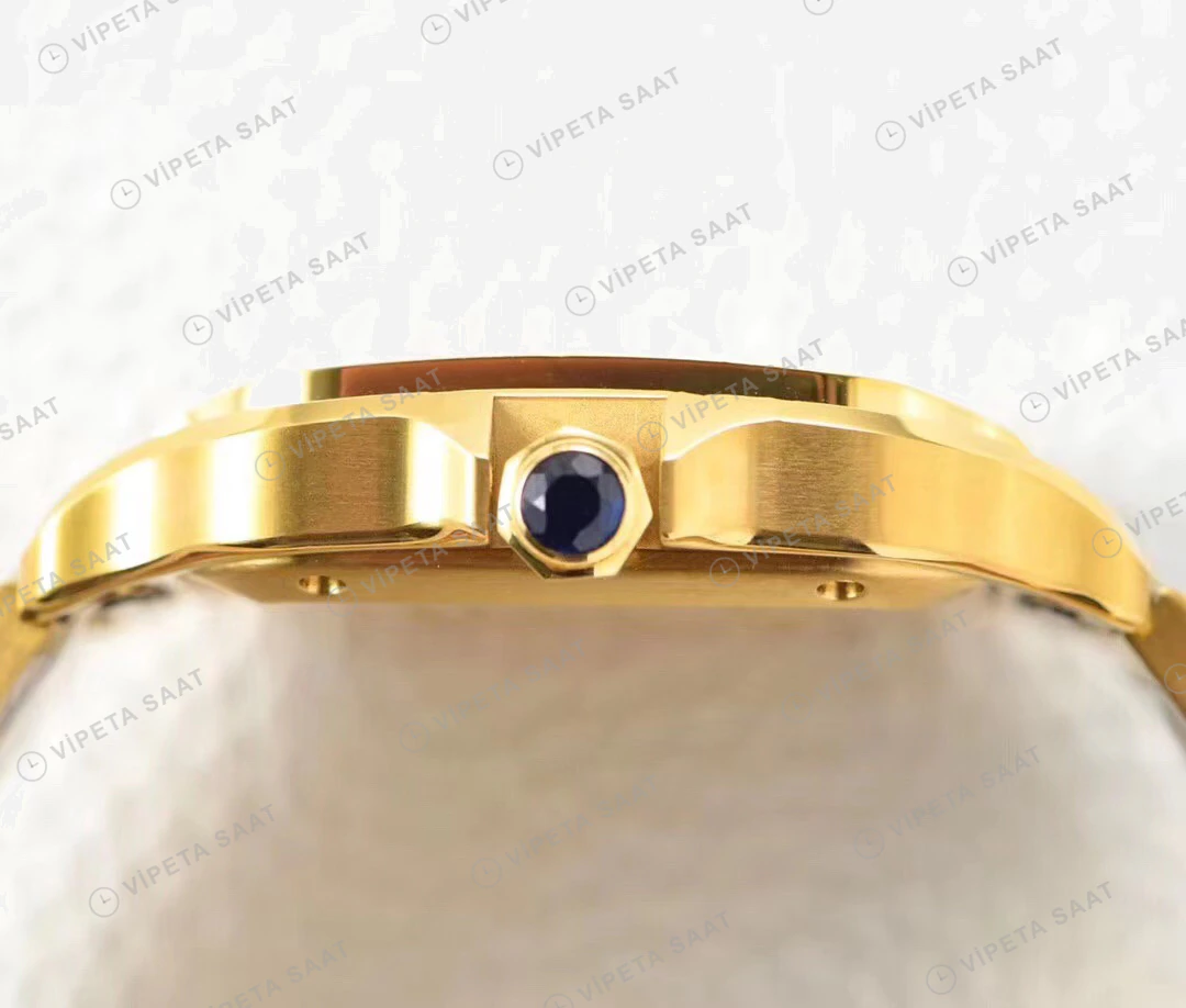 Cartier Santos Sari Altin Kasa Beyaz Kadran Celik Kordon Super Clone Eta Eta Saat detay 6