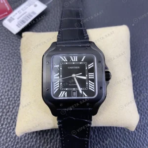 Cartier Santos Siyah DLC Kasa Siyah Deri Kordon Super Clone Eta Saat görünüm 2