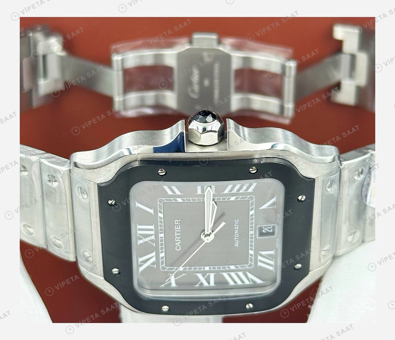 Cartier Santos Siyah Kadran Çelik Super Clone ETA Eta Saat detay 4