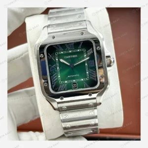 Cartier Santos Yeşil Altın Bezel Çift Renk Super Clone ETA Eta Saat karşıdan görünüm