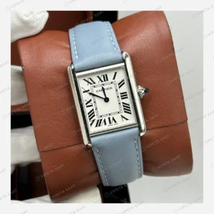 Cartier Tank Beyaz Kadran Mavi Deri Super Clone ETA Eta Saat detay 3