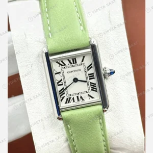 Cartier Tank Beyaz Kadran Yeşil Deri Super Clone ETA Eta Saat karşıdan görünüm