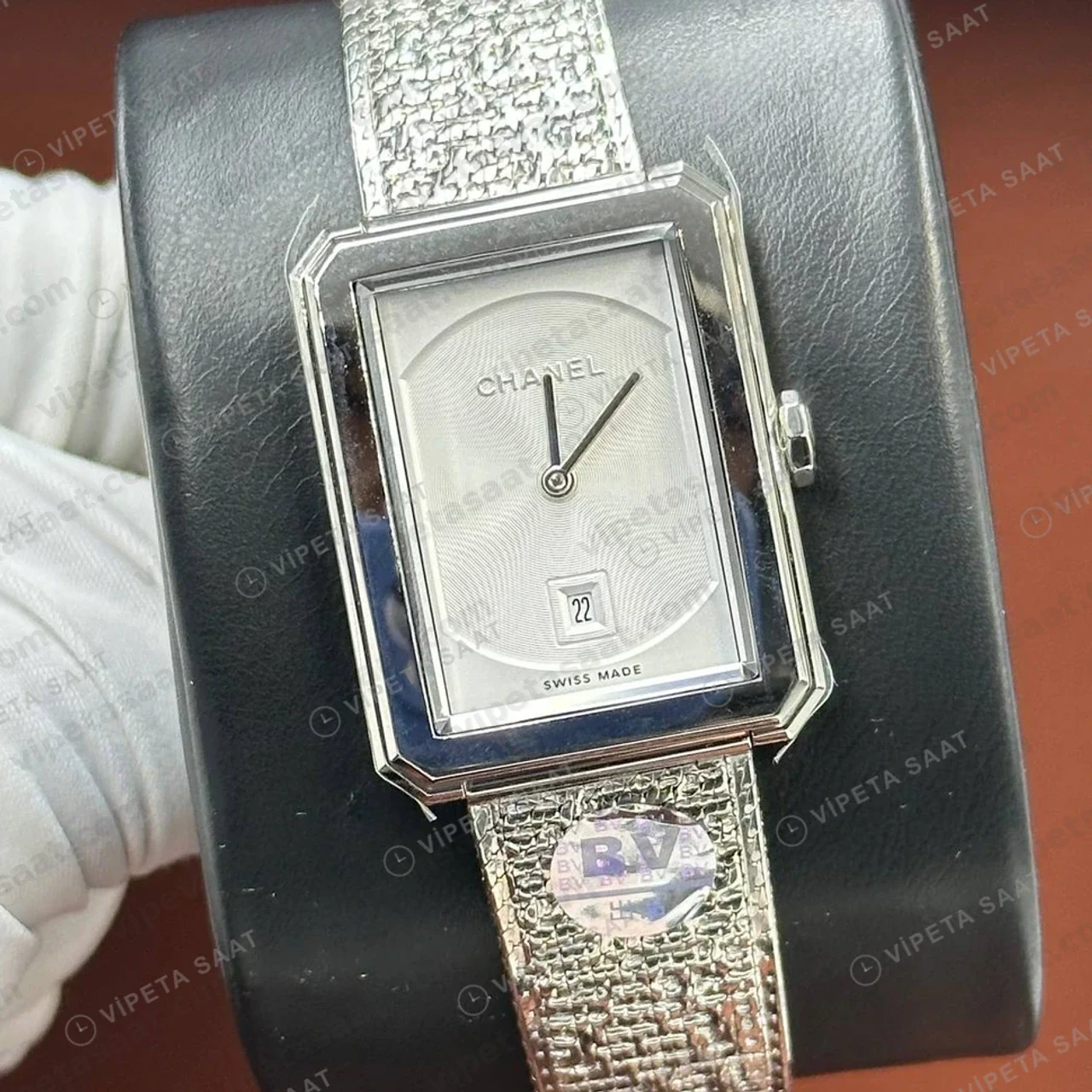 Chanel Boy-Friend Beyaz Kadran Tweed Kordon Super Clone ETA Saat detay 5