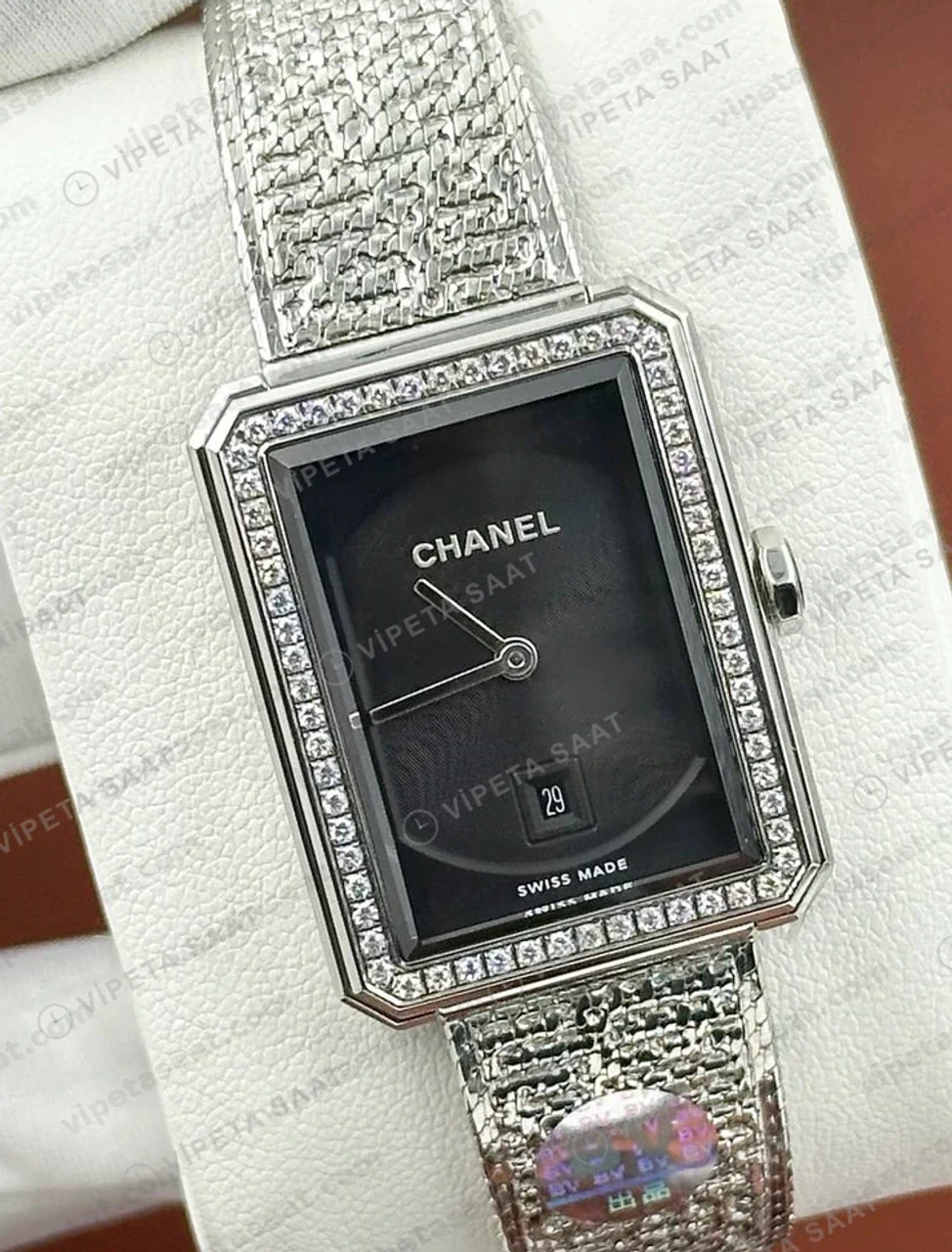 Chanel Boy-Friend Siyah Elmas Taşlı Çelik Super Clone ETA Saat detay 4