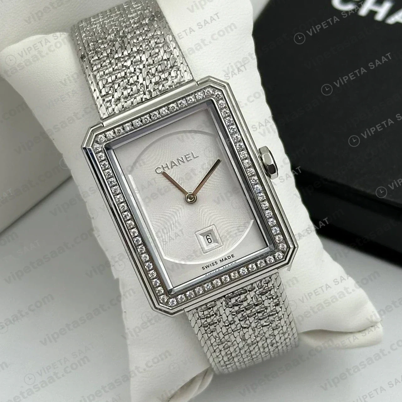 Chanel Boy-Friend Siyah Kadran Tweed Düz Super Clone ETA Saat detay 5