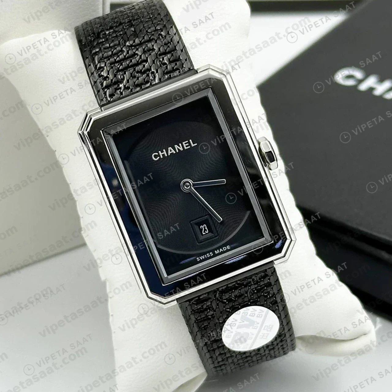 Chanel Boy-Friend Siyah Kadran Tweed Düz Super Clone ETA Saat detay 6