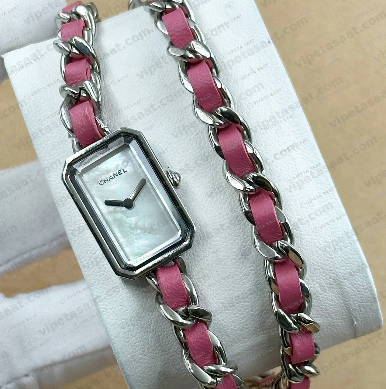 Chanel Premiere Beyaz Kadran Pembe Zincir Super Clone ETA Saat detay 8