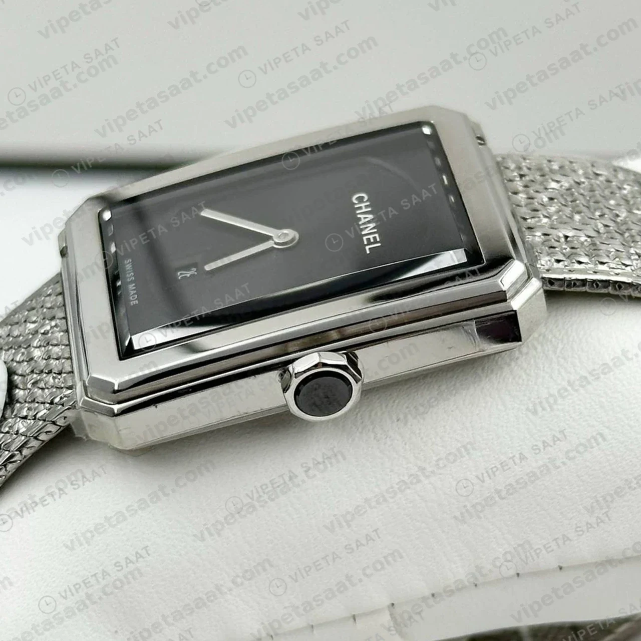 Chanel Premiere Gümüş Kadran Tweed Super Clone ETA Saat detay 3