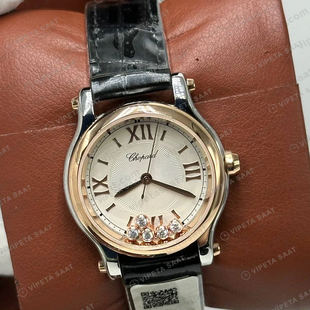 Chopard Happy Sport Rose Altin Gumus Kadran Elmas Deri Super Clone ETA Saat detay 5
