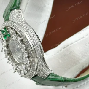 Graff Diamond Çiçek Elmas Yeşil Deri Super Clone ETA Saat karşıdan görünüm