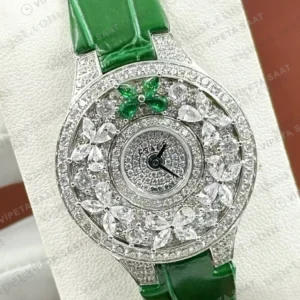 Graff Diamond Çiçek Elmas Yeşil Deri Super Clone ETA Saat detay 4