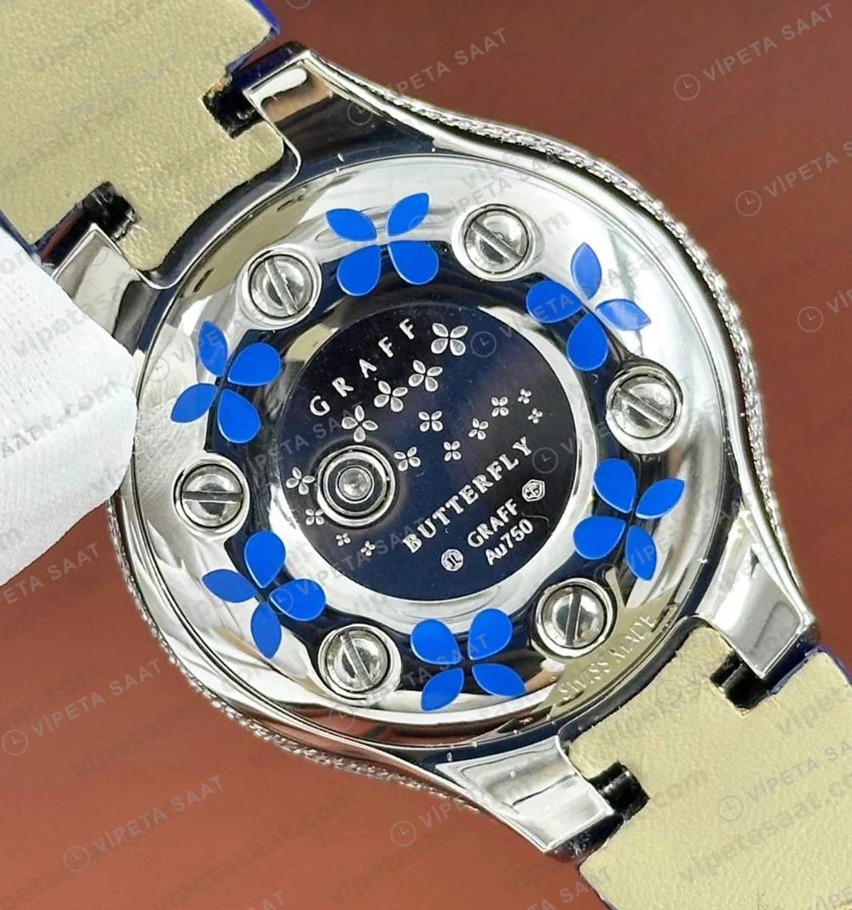 Graff Diamond Kelebek Elmas Çiçek Mavi Deri Super Clone ETA Saat detay 3