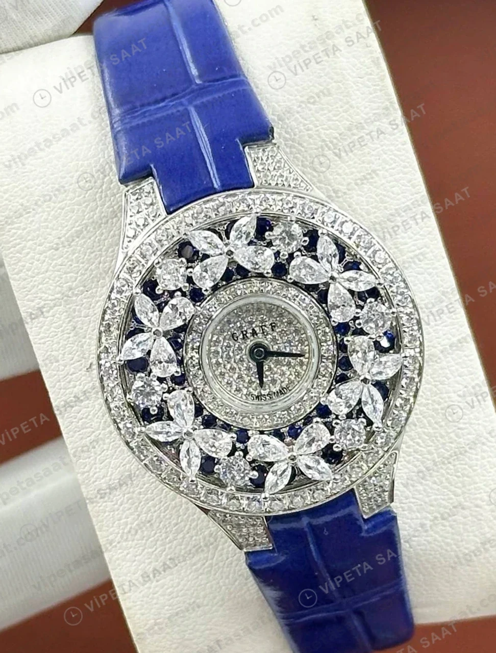 Graff Diamond Kelebek Elmas Çiçek Mavi Deri Super Clone ETA Saat detay 4