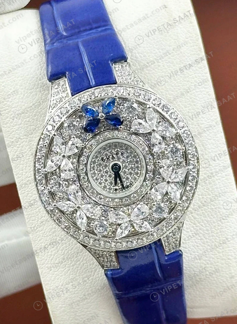 Graff Diamond Kelebek Elmas Mavi Deri Parlak Super Clone ETA Saat karşıdan görünüm