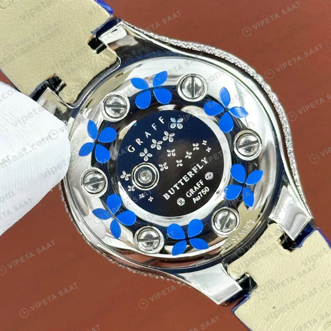 Graff Diamond Kelebek Elmas Mavi Deri Parlak Super Clone ETA Saat detay 5