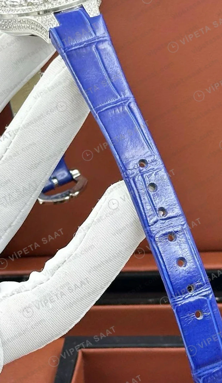 Graff Diamond Kelebek Elmas Mavi Deri Parlak Super Clone ETA Saat detay 6