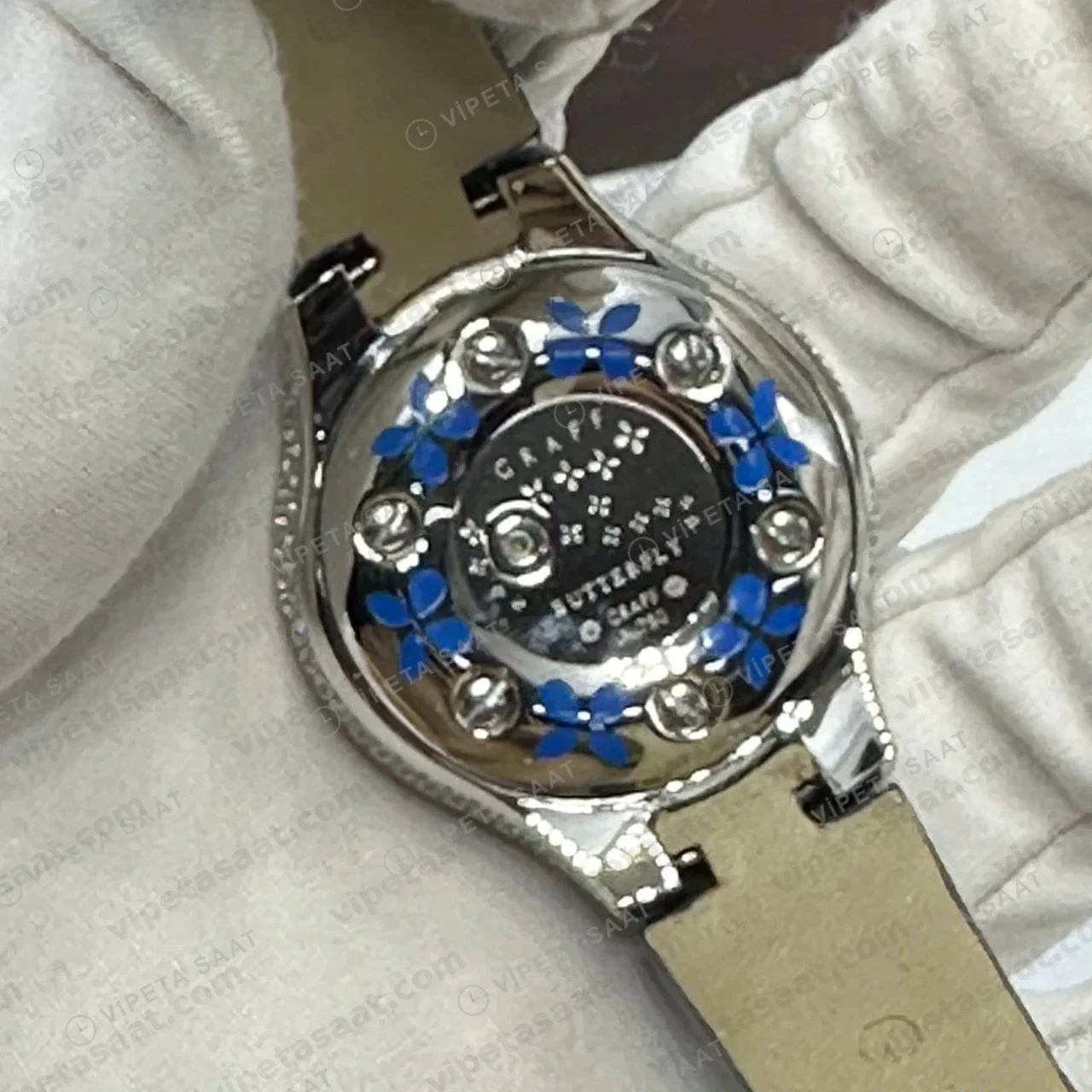 Graff Diamond Kelebek Renkli Taşlı Mavi Deri Super Clone ETA Saat detay 3