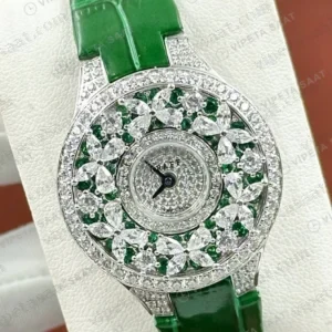 Graff Diamond Zümrüt Çiçek Yeşil Deri Parlak Super Clone ETA Saat detay 4