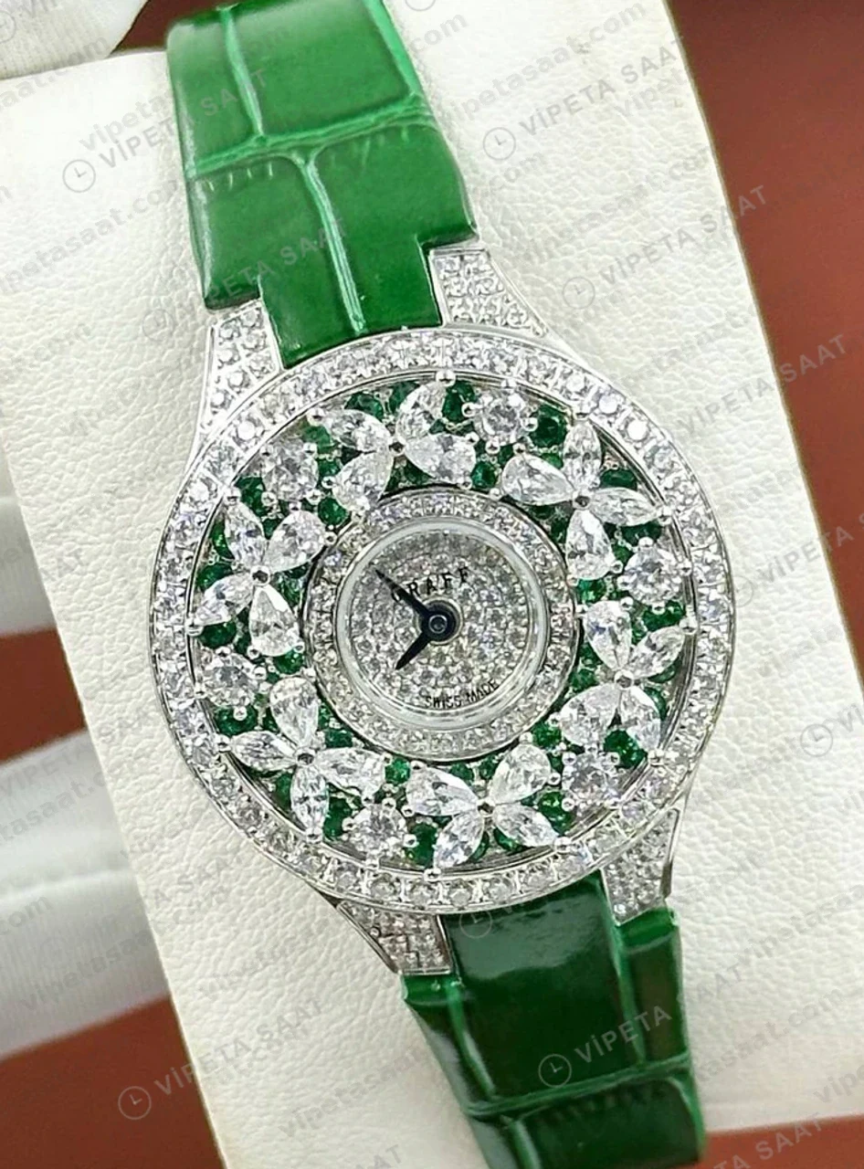 Graff Diamond Zümrüt Çiçek Yeşil Deri Parlak Super Clone ETA Saat detay 4
