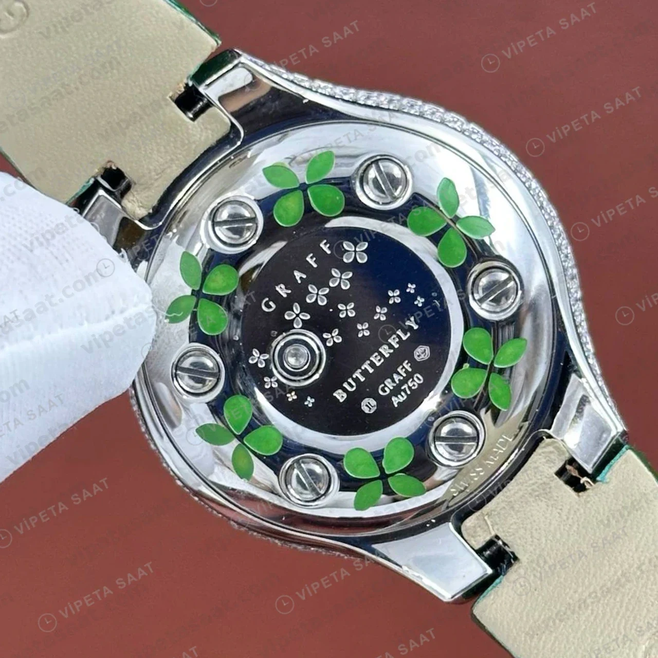 Graff Diamond Zümrüt Çiçek Yeşil Deri Parlak Super Clone ETA Saat detay 5