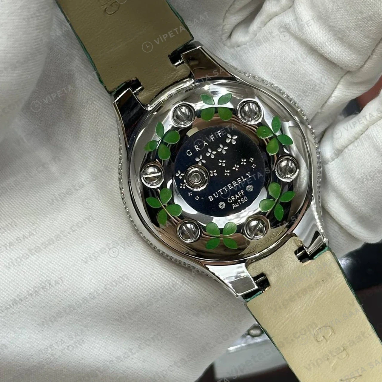 Graff Diamond Zümrüt Taşlı Yeşil Deri Super Clone ETA Saat detay 5