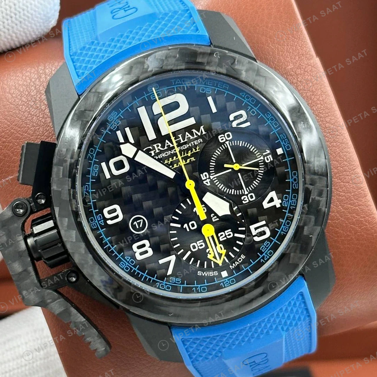 Graham Chronofighter Siyah Kronograf Mavi Kauçuk Super Clone ETA Saat detay 6