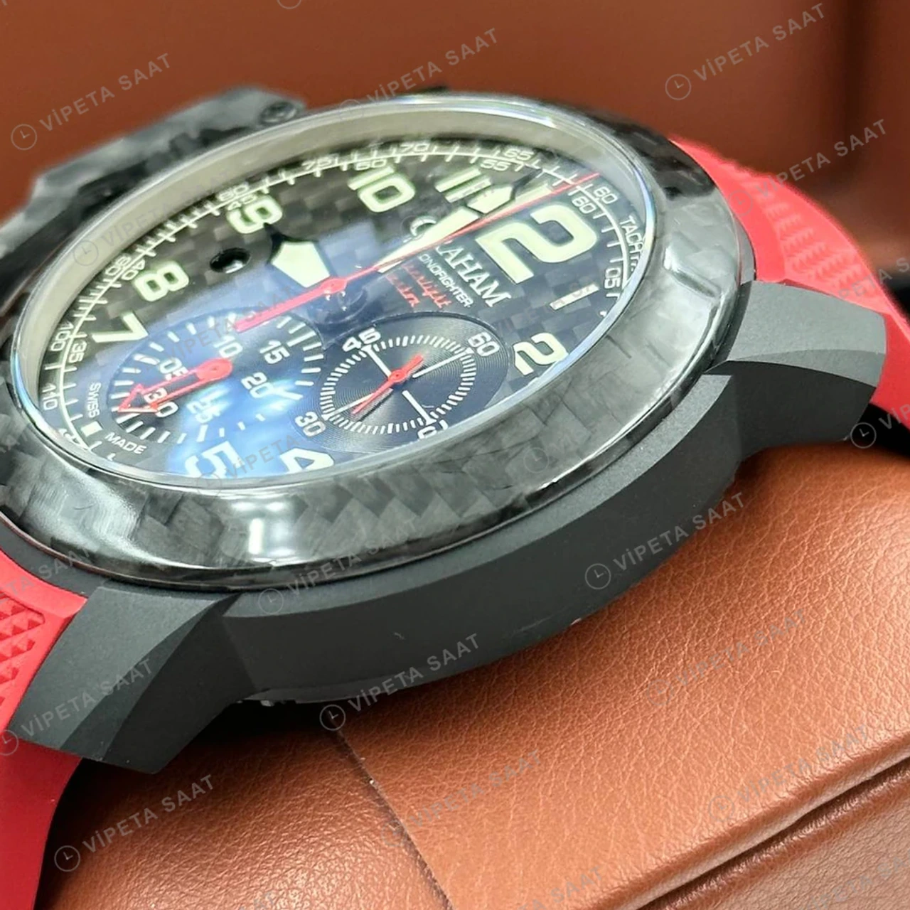 Graham Chronofighter Superlight Siyah Kronograf Kırmızı Kauçuk Super Clone ETA Saat detay 5