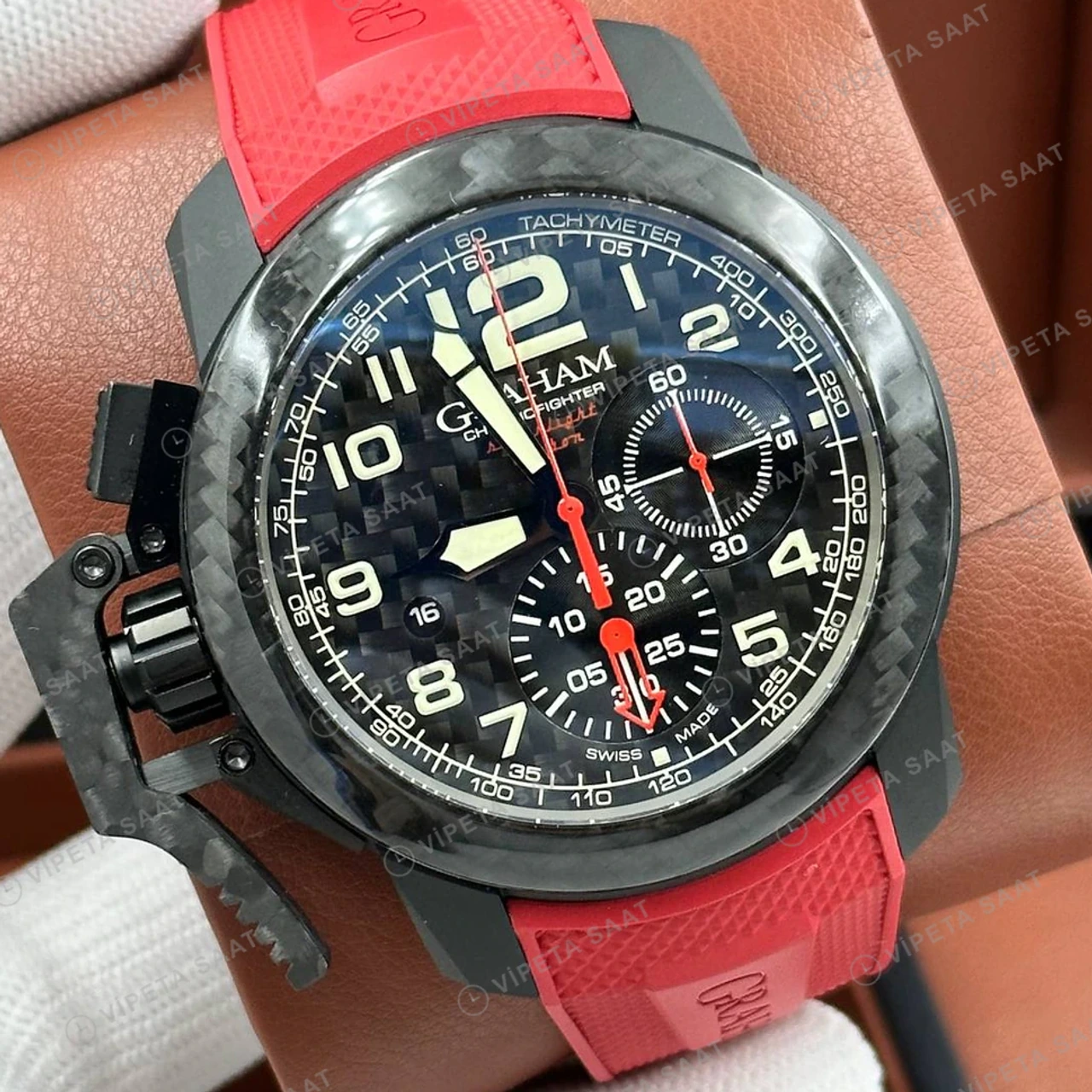Graham Chronofighter Superlight Siyah Kronograf Kırmızı Kauçuk Super Clone ETA Saat detay 6