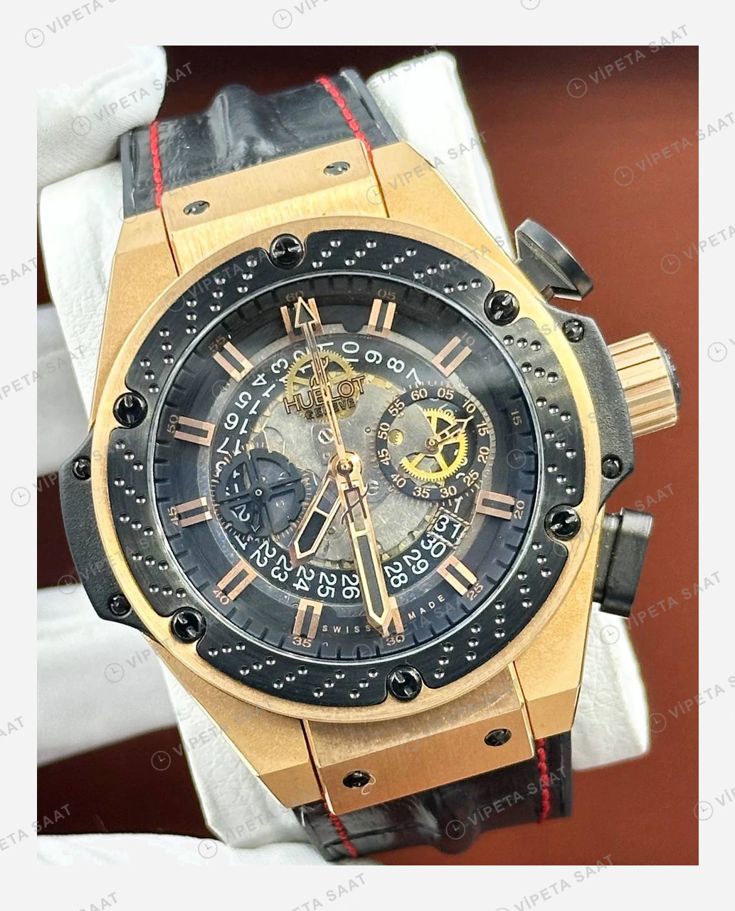 Hublot Big Bang Ferrari Rose Skeleton Kronograf Kauçuk Super Clone ETA Eta Saat detay 6