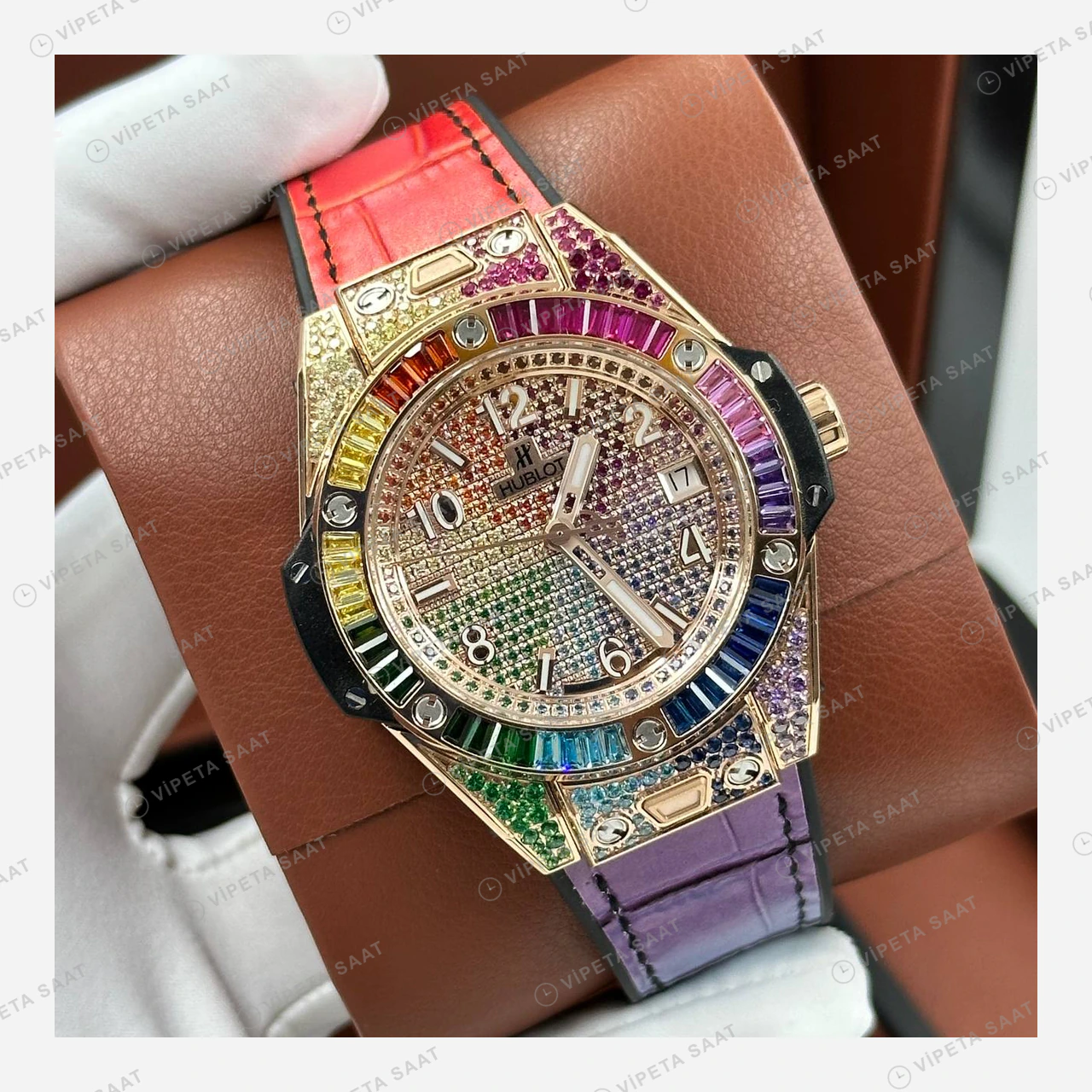 Hublot Big Bang Gökkuşağı Taşlı Pave Kadran Kauçuk Super Clone ETA Eta Saat detay 4