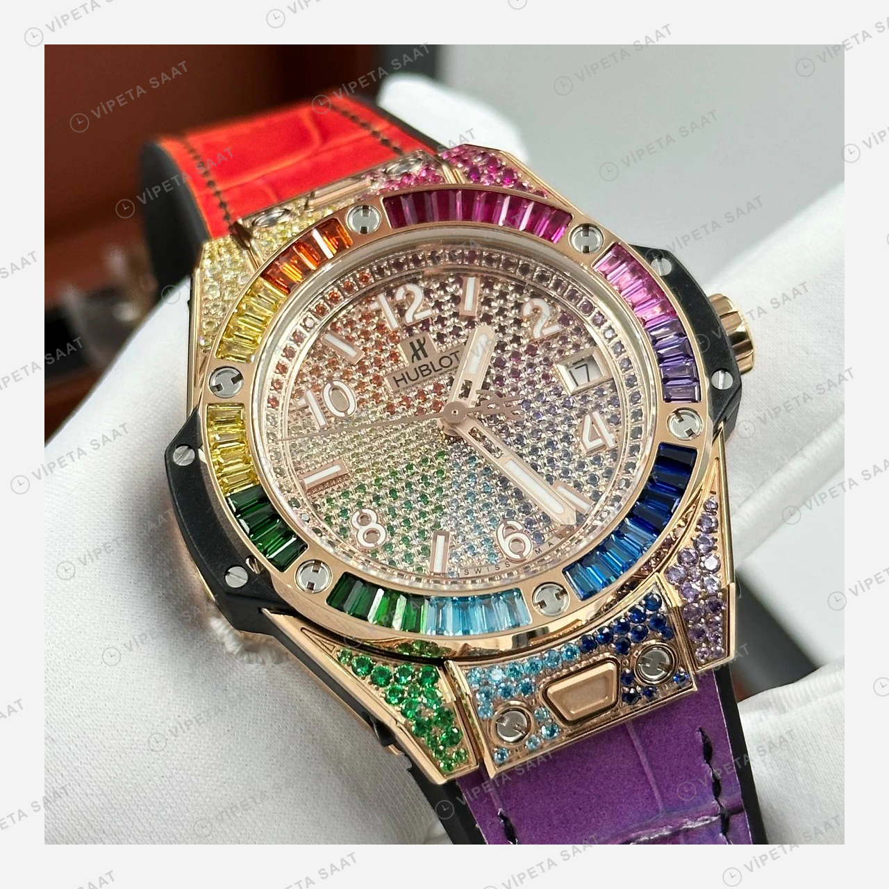 Hublot Big Bang Gökkuşağı Taşlı Pave Kadran Kauçuk Super Clone ETA Eta Saat detay 5