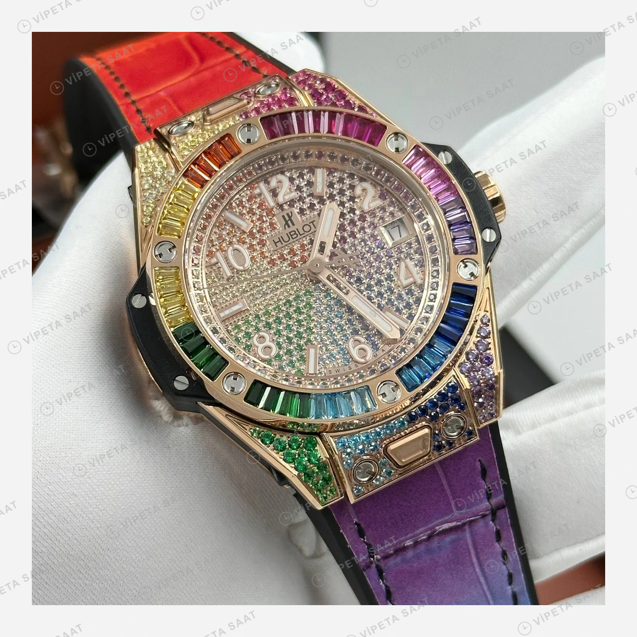 Hublot Big Bang Gökkuşağı Taşlı Pave Kadran Kauçuk Super Clone ETA Eta Saat detay 7
