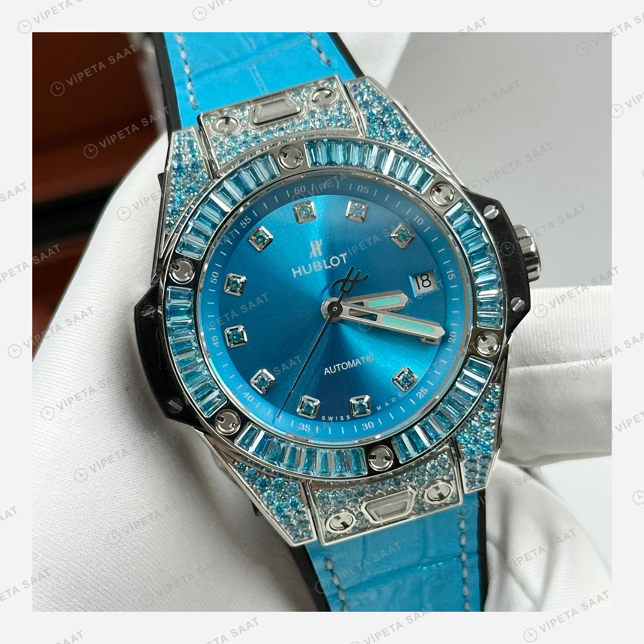Hublot Big Bang Mavi Kadran Baget Taşlı Deri Super Clone ETA Eta Saat detay 3