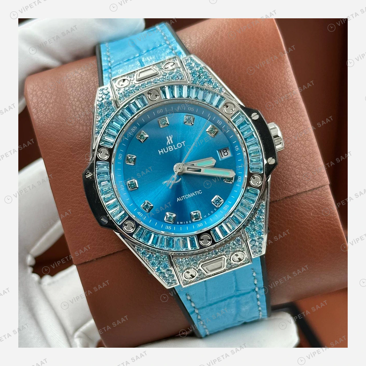 Hublot Big Bang Mavi Kadran Baget Taşlı Deri Super Clone ETA Eta Saat detay 4