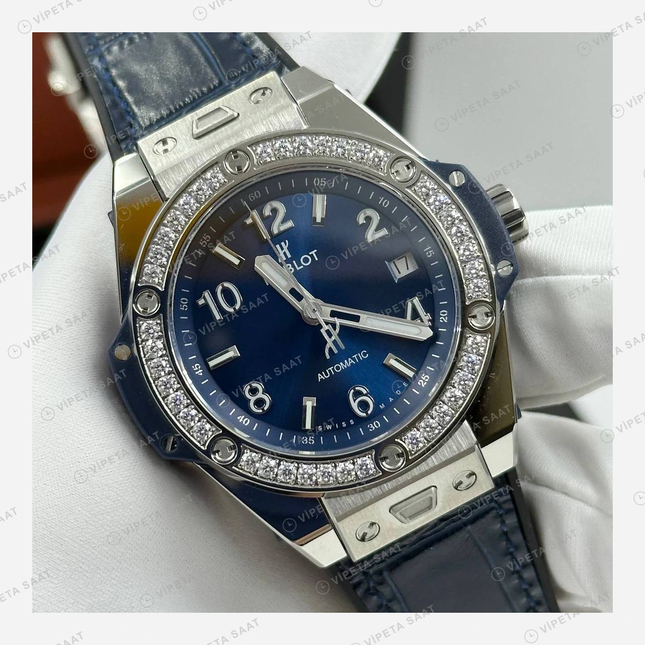 Hublot Big Bang Mavi Kadran GMT Elmas Taşlı Deri Super Clone ETA Eta Saat detay 5